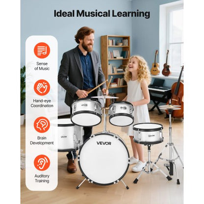 Barntrumset 5-delars nybörjartrumset med 16-tums bastrumma (silver)