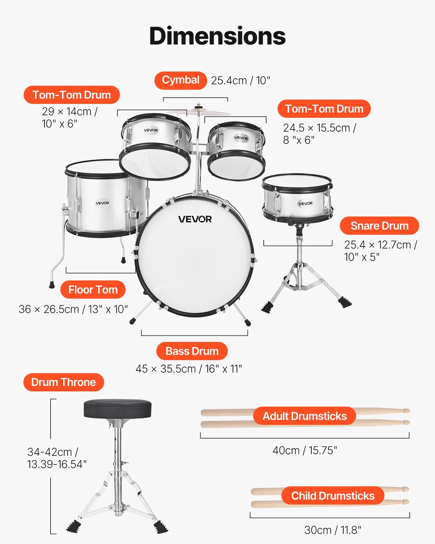 Kids Drum Set, 5-Piece 16 in Junior Drum Sets, Beginner Drums Set with Adjustable Throne, Cymbal & Two Pairs of Drumsticks, Musical Learning Drums Instrument Kit, for Children Ages 6-13(Silver)