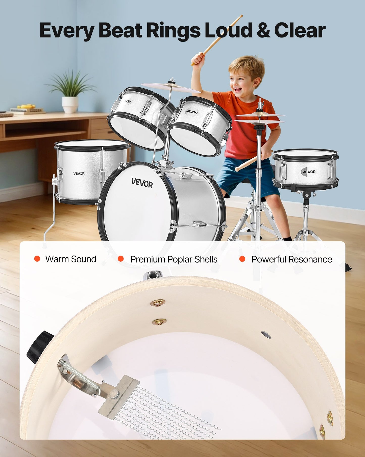 Kids Drum Set, 5-Piece 16 in Junior Drum Sets, Beginner Drums Set with Adjustable Throne, Cymbal & Two Pairs of Drumsticks, Musical Learning Drums Instrument Kit, for Children Ages 6-13(Silver)