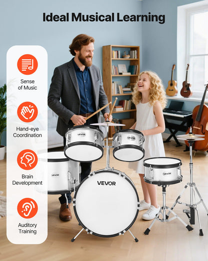 Kids Drum Set, 5-Piece 16 in Junior Drum Sets, Beginner Drums Set with Adjustable Throne, Cymbal & Two Pairs of Drumsticks, Musical Learning Drums Instrument Kit, for Children Ages 6-13(Silver)