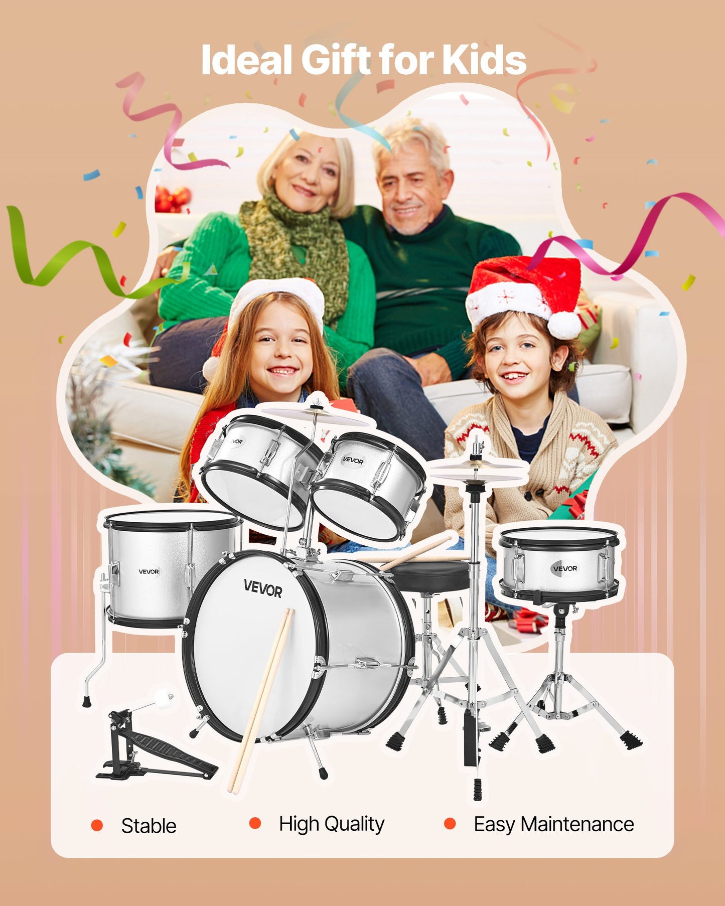 Kids Drum Set, 5-Piece 16 in Junior Drum Sets, Beginner Drums Set with Adjustable Throne, Cymbal & Two Pairs of Drumsticks, Musical Learning Drums Instrument Kit, for Children Ages 6-13(Silver)