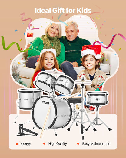 Kids Drum Set, 5-Piece 16 in Junior Drum Sets, Beginner Drums Set with Adjustable Throne, Cymbal & Two Pairs of Drumsticks, Musical Learning Drums Instrument Kit, for Children Ages 6-13(Silver)