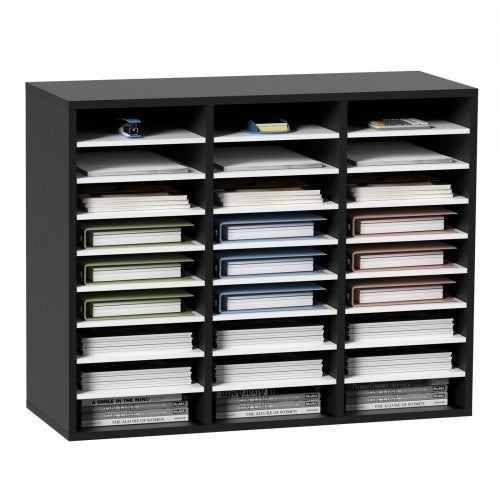 27 Compartments Wood Literature Organizer, Adjustable Shelves, Medium Density Fiberboard Mail Center, Office Home School Storage for Files, Documents, Papers, Magazines, Black+White