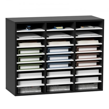 27 Compartments Wood Literature Organizer, Adjustable Shelves, Medium Density Fiberboard Mail Center, Office Home School Storage for Files, Documents, Papers, Magazines, Black+White