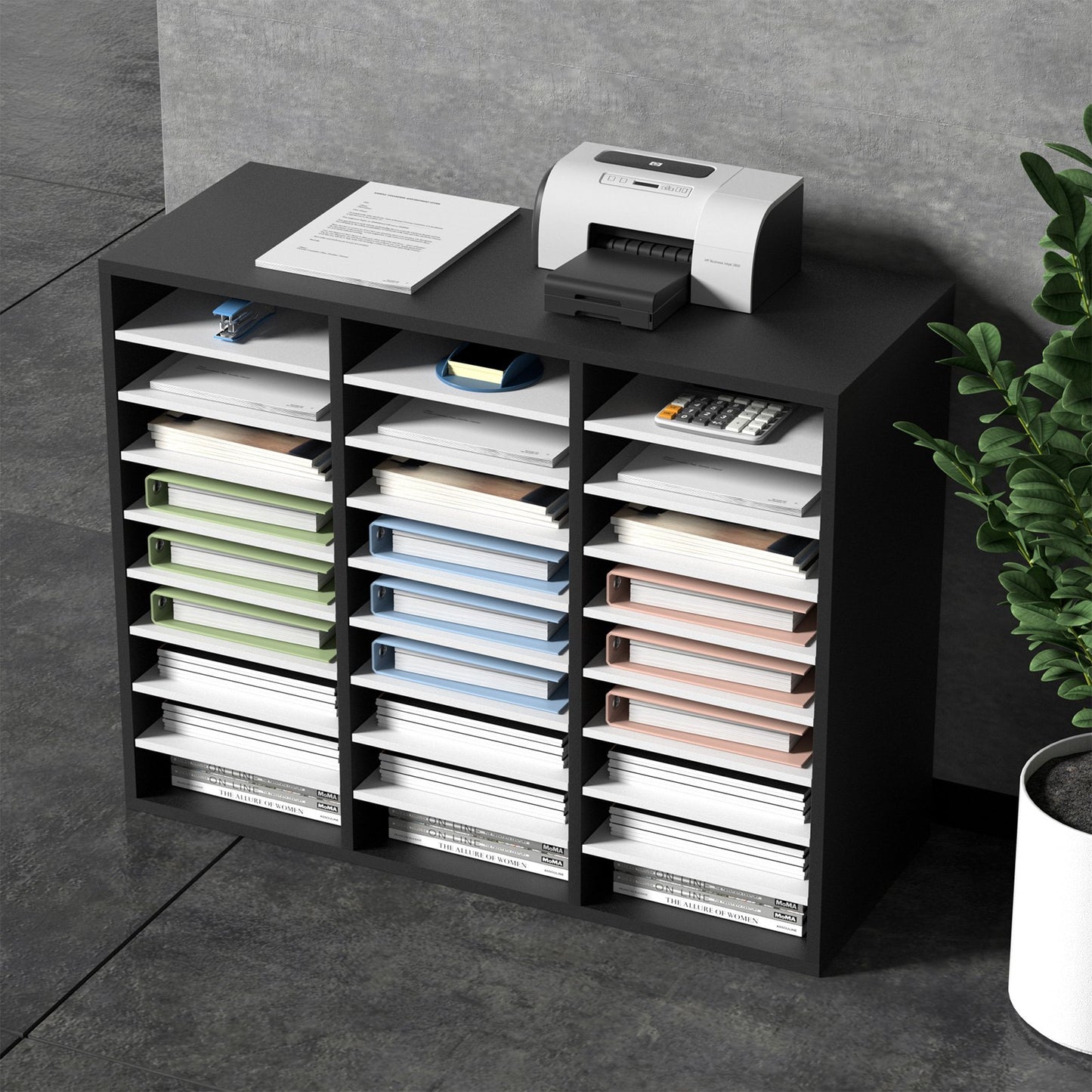 27 Compartments Wood Literature Organizer, Adjustable Shelves, Medium Density Fiberboard Mail Center, Office Home School Storage for Files, Documents, Papers, Magazines, Black+White