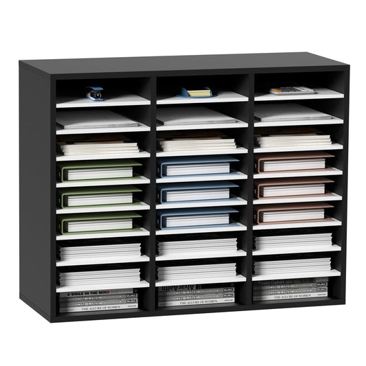 Wood Literature Organizer File Sorter Paper Storage Holder 27 Compartments Black