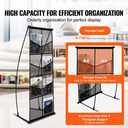 Brochure Display Stand, 4-Tier 8 Pockets Mesh Literature Display Holder, Floor Standing Magazine Newspaper Catalog Rack, Lightweight & Portable with Carrying Bag for Shop Exhibitions Office