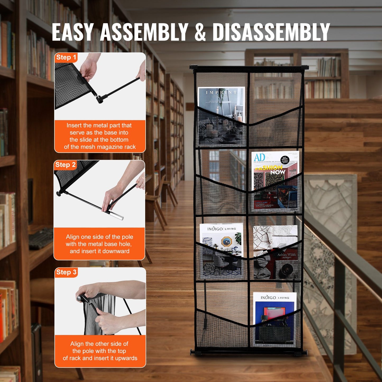 Brochure Display Stand, 4-Tier 8 Pockets Mesh Literature Display Holder, Floor Standing Magazine Newspaper Catalog Rack, Lightweight & Portable with Carrying Bag for Shop Exhibitions Office