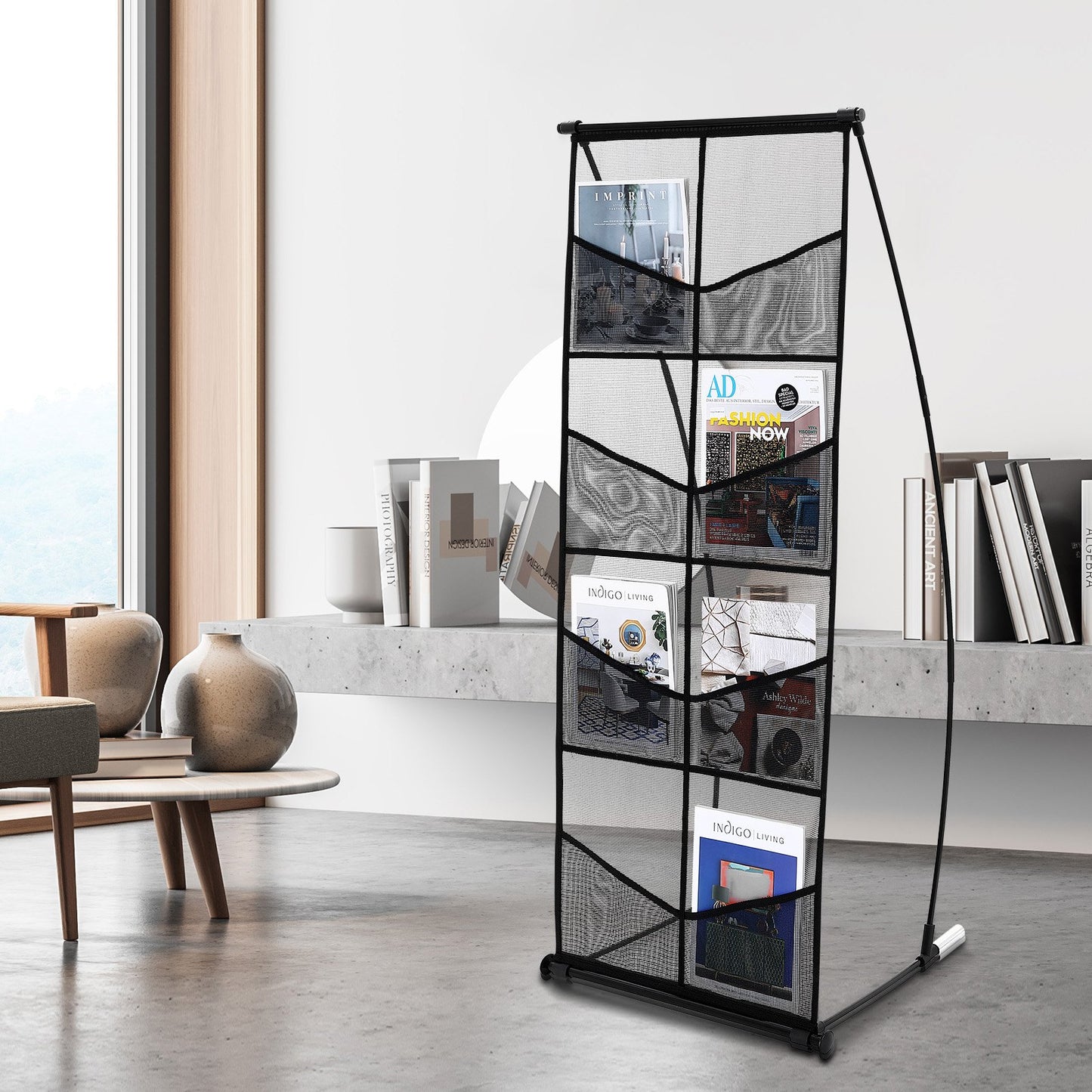 Brochure Display Stand, 4-Tier 8 Pockets Mesh Literature Display Holder, Floor Standing Magazine Newspaper Catalog Rack, Lightweight & Portable with Carrying Bag for Shop Exhibitions Office