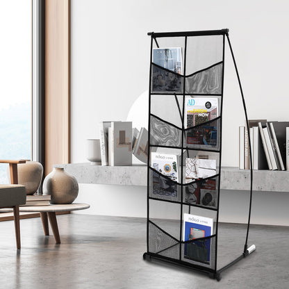 Brochure Display Stand, 4-Tier 8 Pockets Mesh Literature Display Holder, Floor Standing Magazine Newspaper Catalog Rack, Lightweight & Portable with Carrying Bag for Shop Exhibitions Office