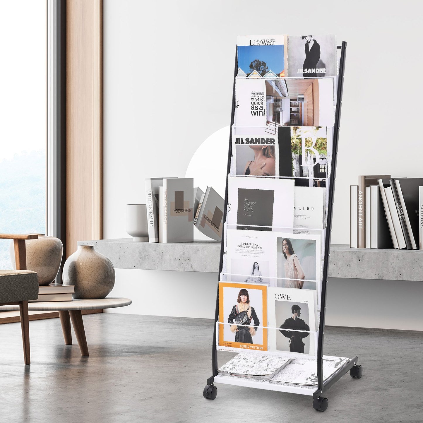 Brochure Display Rack, 6-Tier Magazine Literature Display Stand, Floor Standing Magazine Rack Newspaper Catalog Holders, Movable with 4 Wheels (2 Lockable) for Shop Exhibitions Office, 6 Pockets