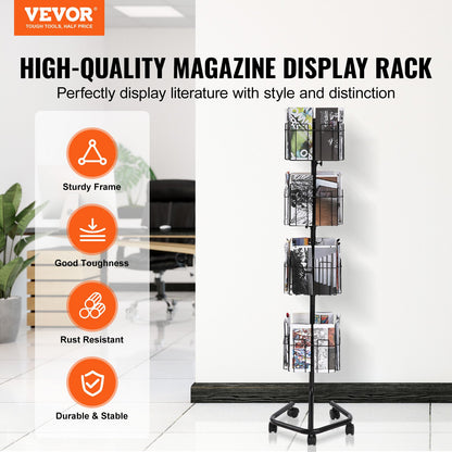 Brochure Display Rack 32-Pocket Rotating Literature Display Stand 5 Wheels