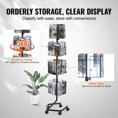 Brochure Display Rack 32-Pocket Rotating Literature Display Stand 5 Wheels