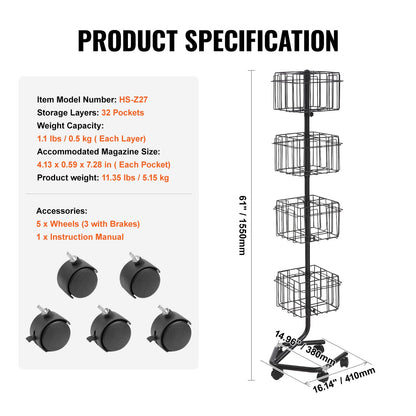 Brochure Display Rack 32-Pocket Rotating Literature Display Stand 5 Wheels