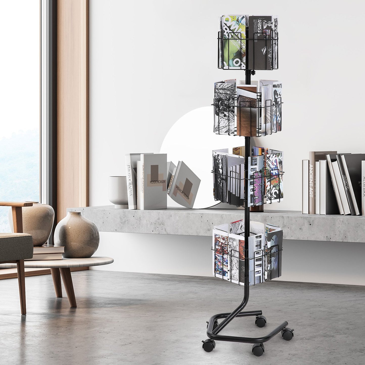 Brochure Display Rack, 4-Tier 32 Pockets Rotating Magazine Literature Display Stand for Postcards, 360° Spinning Greeting Cards Rack with 5 Wheels (2 Lockable) for Shop Exhibitions Office