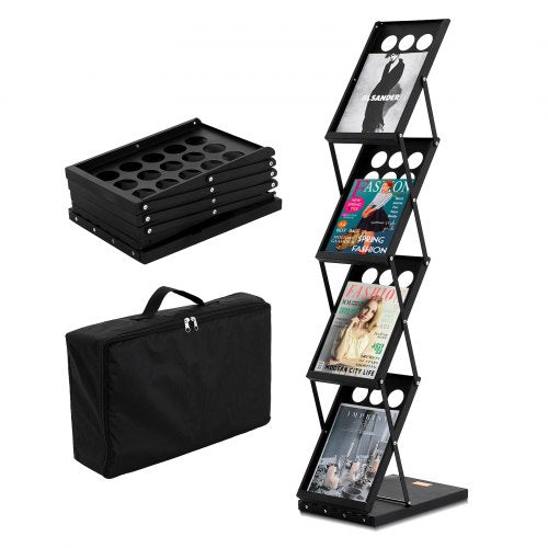 Foldable Magazine Display Rack, 4-Tier Brochure Literature Display Stand, Portable Catalog Brochure Holder Stand with Carrying Bag for Office Trade Show Exhibitions, 4 Pockets