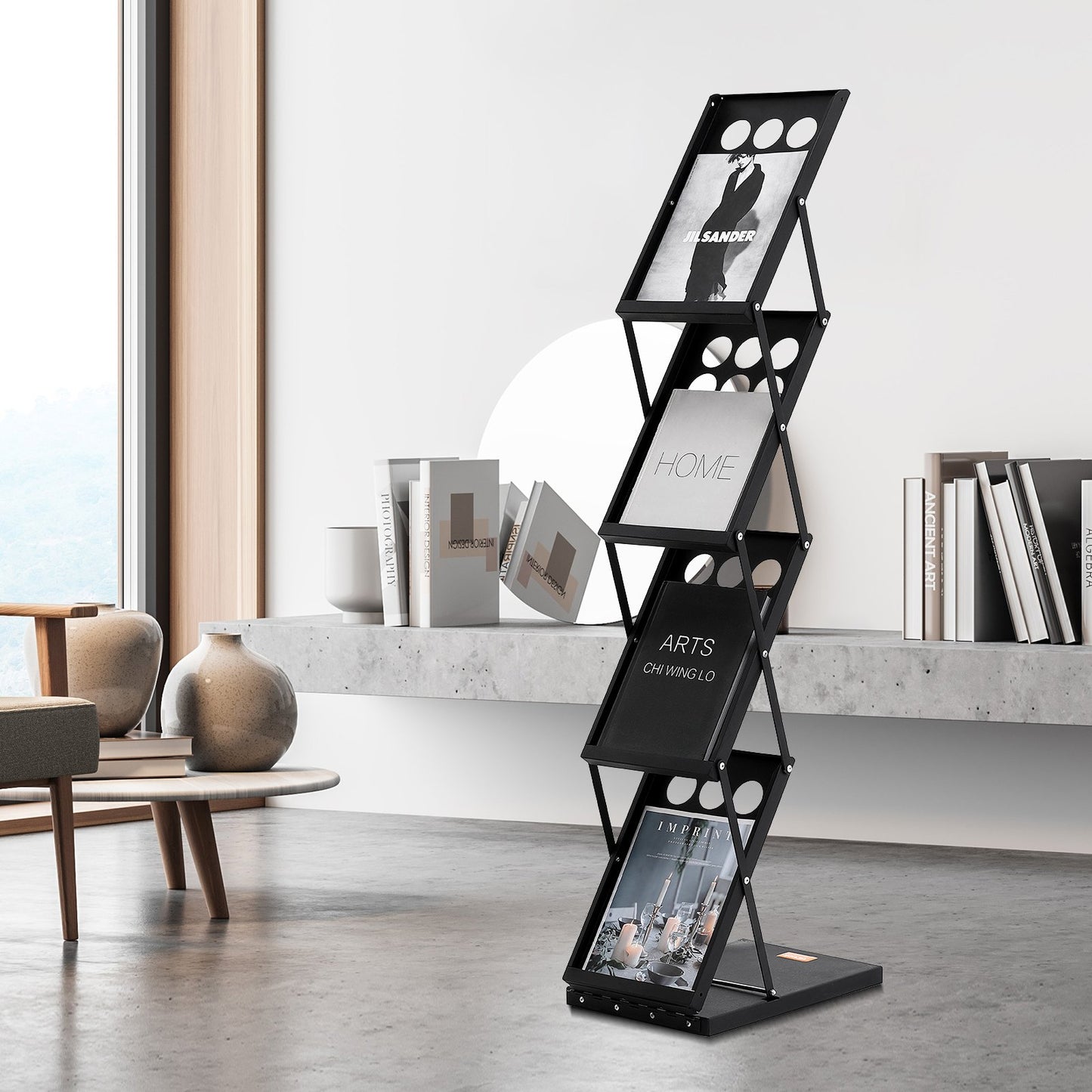 Foldable Magazine Display Rack, 4-Tier Brochure Literature Display Stand, Portable Catalog Brochure Holder Stand with Carrying Bag for Office Trade Show Exhibitions, 4 Pockets