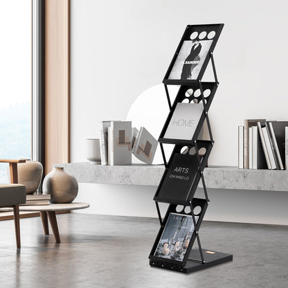 Foldable Magazine Display Rack, 4-Tier Brochure Literature Display Stand, Portable Catalog Brochure Holder Stand with Carrying Bag for Office Trade Show Exhibitions, 4 Pockets