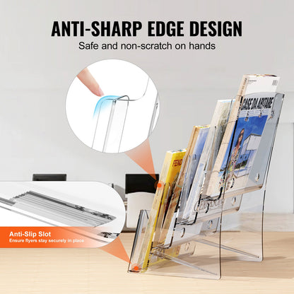 Acrylic Brochure Holder 8.5 x 11 inch, 4-Tier Clear Acrylic Literature Display Stand, Plastic Literature Organizer Flyer Stand & Removable Divider for Office Exhibition, Countertop or Wall Mount