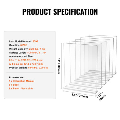 Acrylic Sign Holder, 6 Pack 8.5 x 11-inch Brochure Display Holders, T-Shape Double Sided Display Sign Stand, Clear Acrylic Table Menu Photo Paper Holder for Restaurant Office Wedding Bar