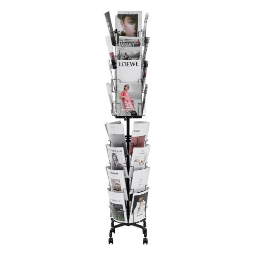 Greeting Cards Display Rack, 32 Pockets Rotating Postcard Brochure Display Stand, 360° Spinning Card Display Rack with Sign Holder & 4 Wheels (2 Lockable) for Exhibitions Office Trade Show