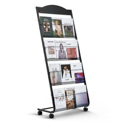 Brochure Display Rack, 4-Tier Magazine Literature Display Stand with Wheels, Movable Floor Standing Magazine Rack, Heavy Duty Newspaper Catalog Holders for Shop Exhibitions Office Craft Fairs