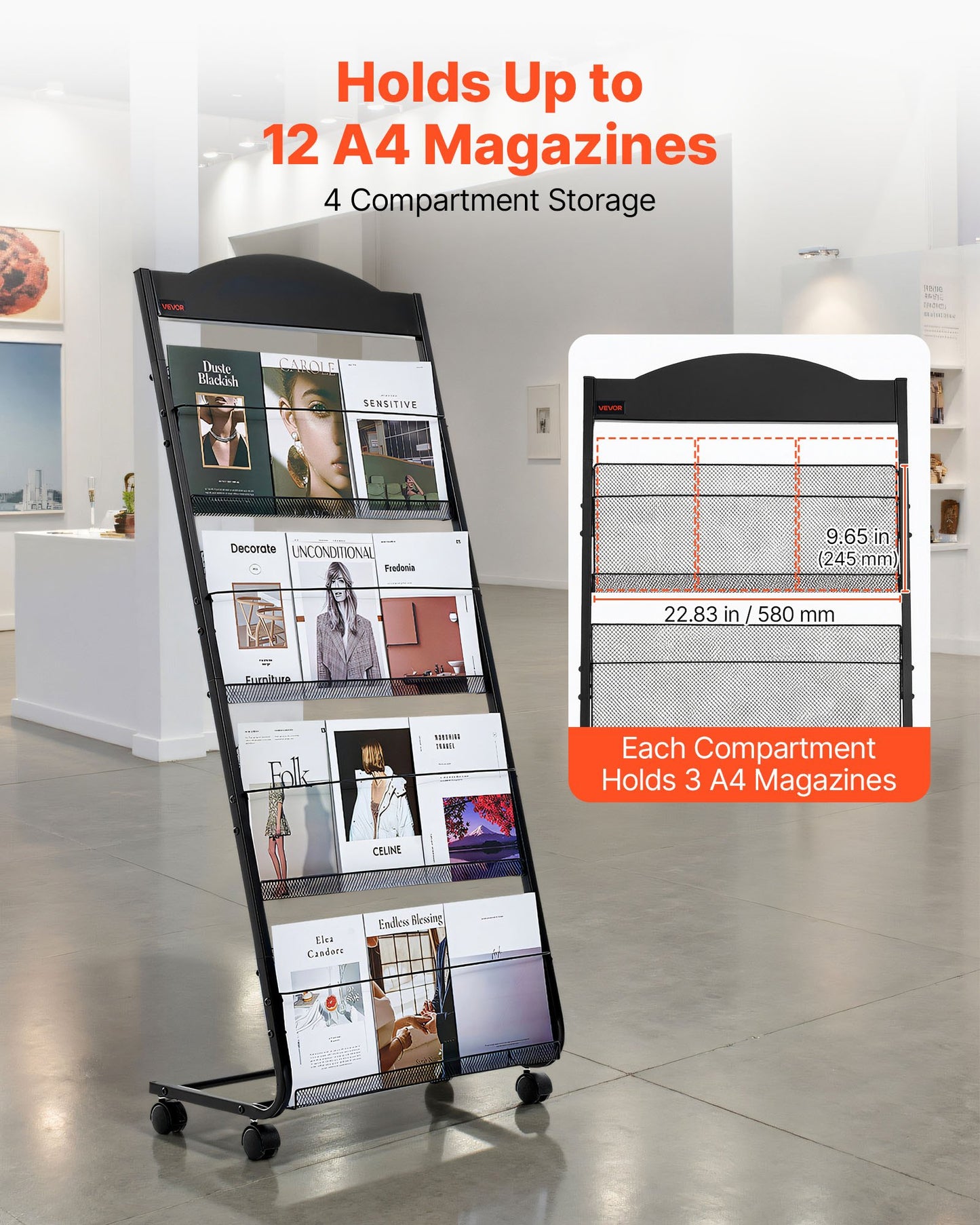 Brochure Display Rack, 4-Tier Magazine Literature Display Stand with Wheels, Movable Floor Standing Magazine Rack, Heavy Duty Newspaper Catalog Holders for Shop Exhibitions Office Craft Fairs