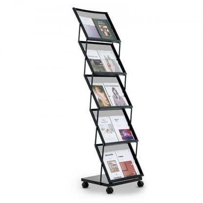Brochure Display Rack, Foldable 5 Pockets Magazine Literature Display Stand, Movable Floor Standing Magazine Rack with Wheels, Metal Newspaper Catalog Holders for Shop Exhibitions Office Show