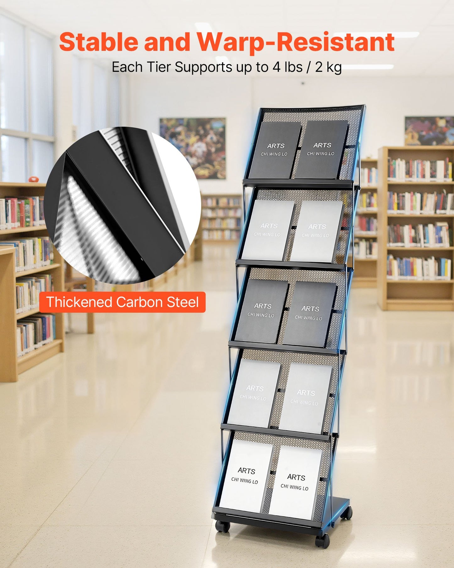 Brochure Display Rack, Foldable 5 Pockets Magazine Literature Display Stand, Movable Floor Standing Magazine Rack with Wheels, Metal Newspaper Catalog Holders for Shop Exhibitions Office Show