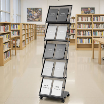 Brochure Display Rack, Foldable 5 Pockets Magazine Literature Display Stand, Movable Floor Standing Magazine Rack with Wheels, Metal Newspaper Catalog Holders for Shop Exhibitions Office Show