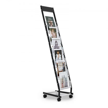 Brochure Display Rack, Narrow 6-Tier Magazine Literature Display Stand with Wheels, Metal Floor Standing Magazine Rack, Movable Newspaper Catalog Holders for Shop Exhibitions Office (6 Pockets)