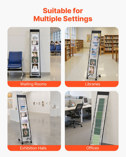 Brochure Display Rack, Narrow 6-Tier Magazine Literature Display Stand with Wheels, Metal Floor Standing Magazine Rack, Movable Newspaper Catalog Holders for Shop Exhibitions Office (6 Pockets)