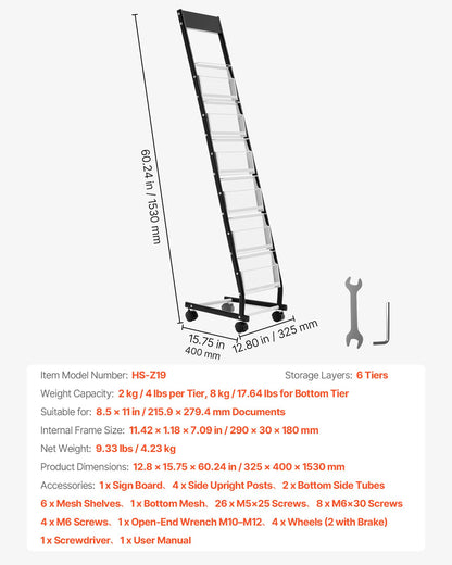 Brochure Display Rack, Narrow 6-Tier Magazine Literature Display Stand with Wheels, Metal Floor Standing Magazine Rack, Movable Newspaper Catalog Holders for Shop Exhibitions Office (6 Pockets)