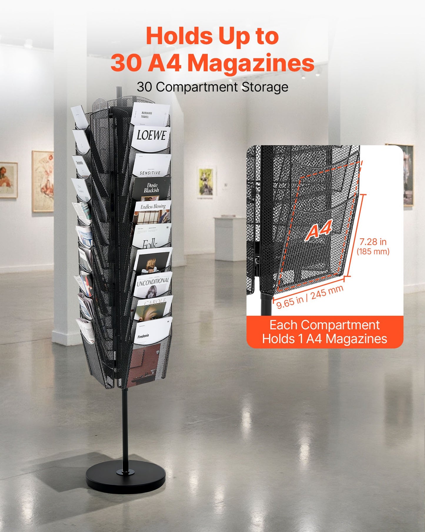 Rotating Brochure Display Rack, 30 Pockets Mesh Magazine Literature Display Stand, Portable Floor Standing Magazine Rack, Metal Newspaper Catalog Holders for Shop Exhibitions Office Trade Show
