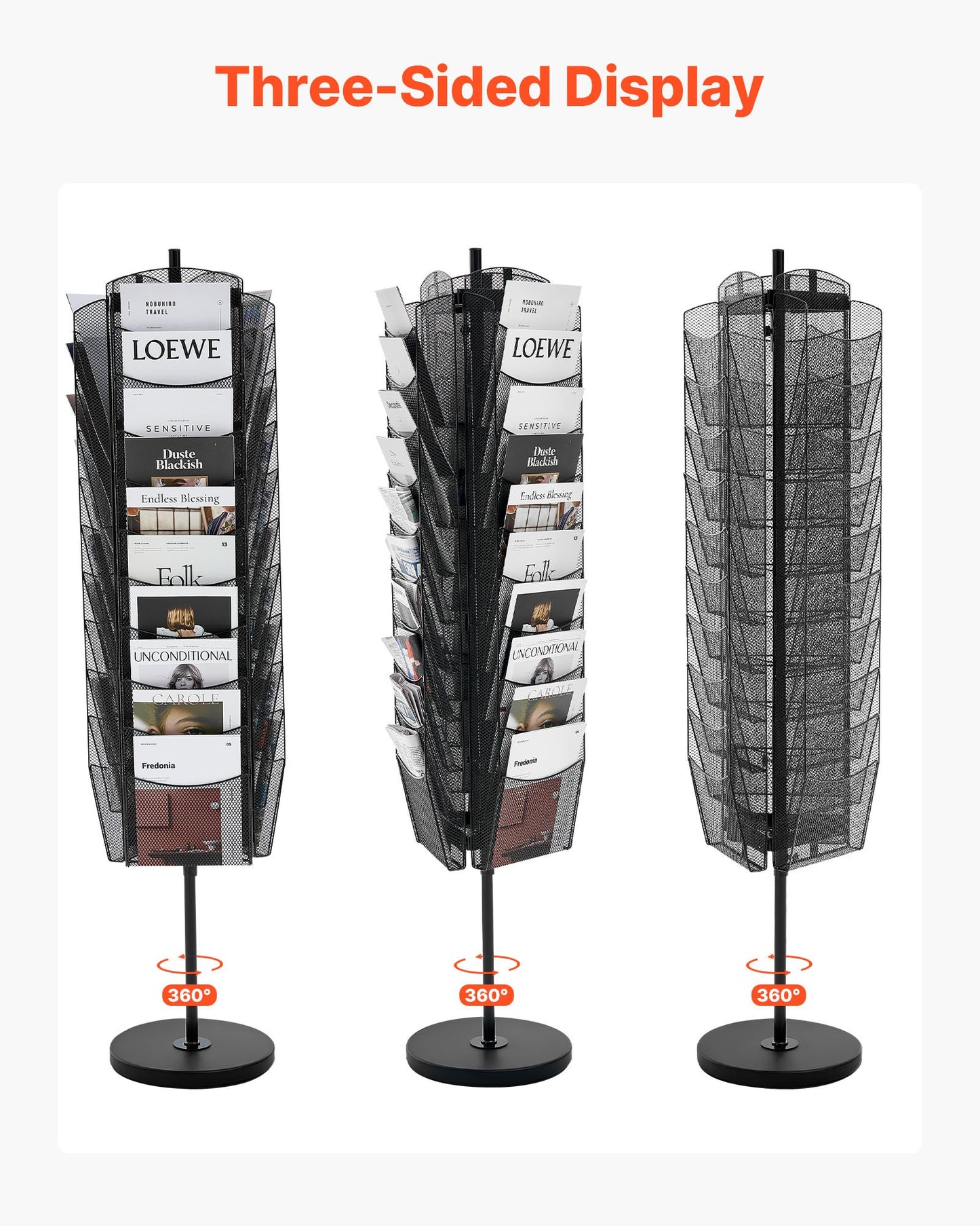 Rotating Brochure Display Rack, 30 Pockets Mesh Magazine Literature Display Stand, Portable Floor Standing Magazine Rack, Metal Newspaper Catalog Holders for Shop Exhibitions Office Trade Show