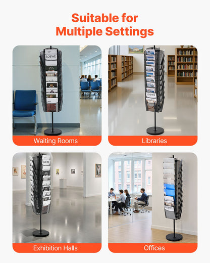Rotating Brochure Display Rack, 30 Pockets Mesh Magazine Literature Display Stand, Portable Floor Standing Magazine Rack, Metal Newspaper Catalog Holders for Shop Exhibitions Office Trade Show