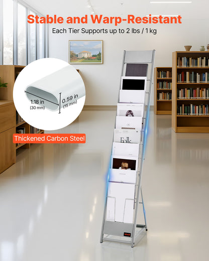 Brochure Display Rack, 10 Pockets Magazine Literature Display Stand, Portable Floor Standing Magazine Rack, Metal Newspaper Catalog Holders for Shop, Exhibitions, Office, Trade Show, Silver
