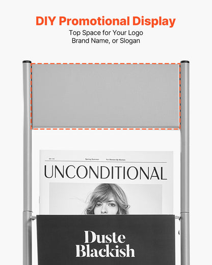 Brochure Display Rack, 10 Pockets Magazine Literature Display Stand, Portable Floor Standing Magazine Rack, Metal Newspaper Catalog Holders for Shop, Exhibitions, Office, Trade Show, Silver