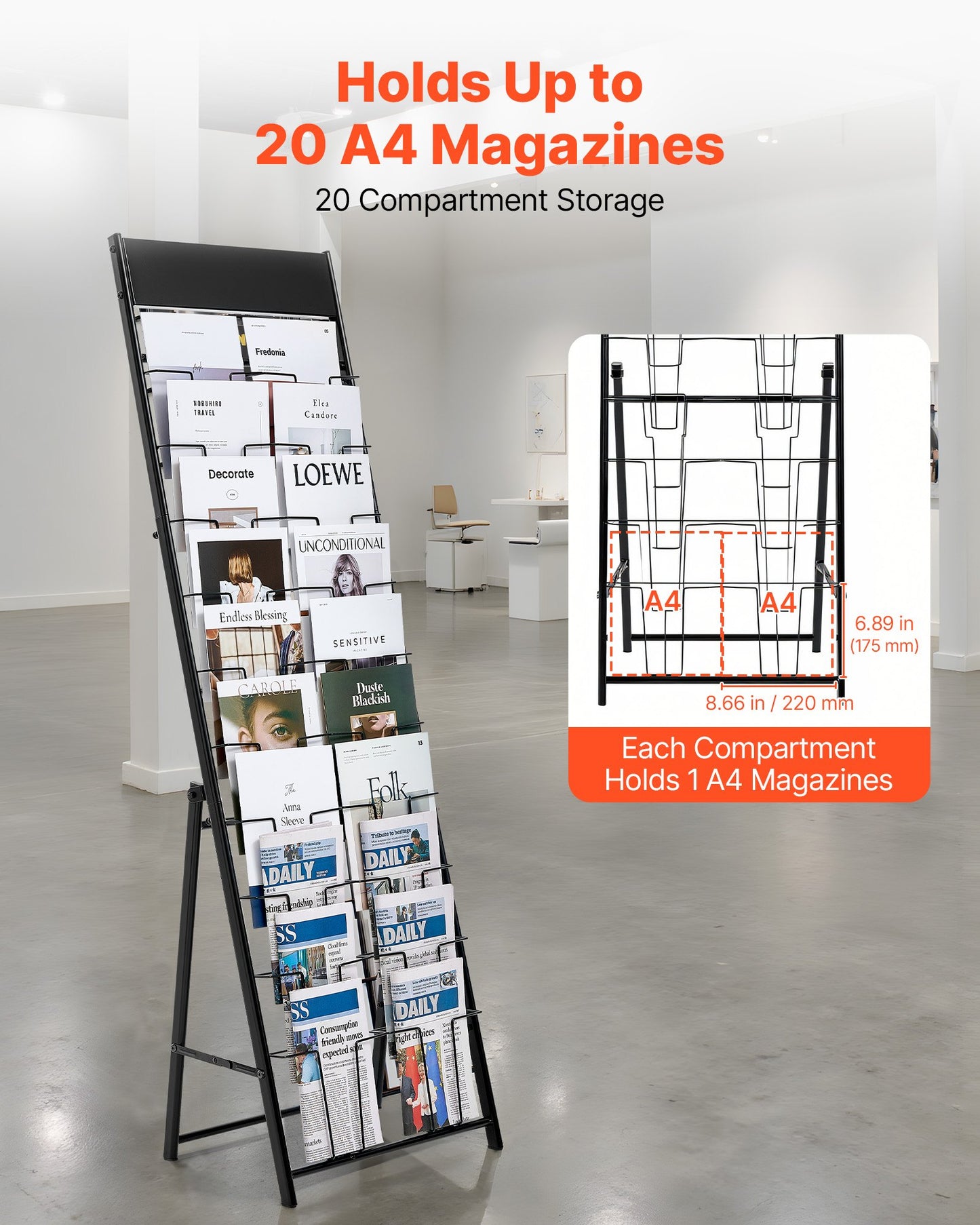 Brochure Display Rack, 20 Pockets Magazine Literature Display Stand, Portable Floor Standing Magazine Rack, Metal Newspaper Catalog Holders for Shop, Exhibitions, Office, Trade Show, Black