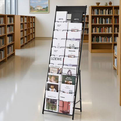 Brochure Display Rack, 20 Pockets Magazine Literature Display Stand, Portable Floor Standing Magazine Rack, Metal Newspaper Catalog Holders for Shop, Exhibitions, Office, Trade Show, Black
