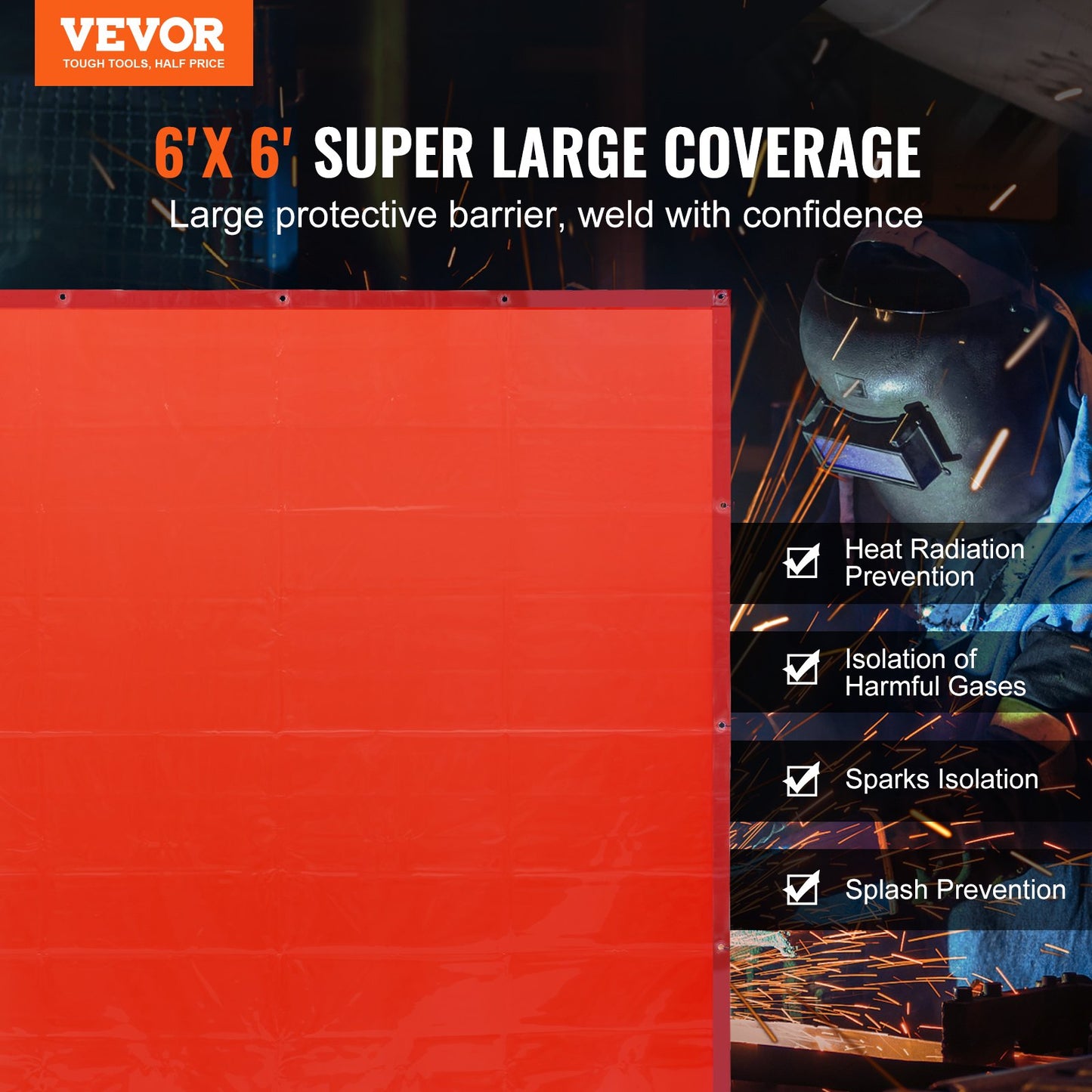 Svetsgardinskärm, 6' x 6' hängande svetsgardinvägg, flamsäker vinylsvetsskyddsskärm med 6-nivåer UV-skydd och hänghål, bärbar för verkstad/industri, röd