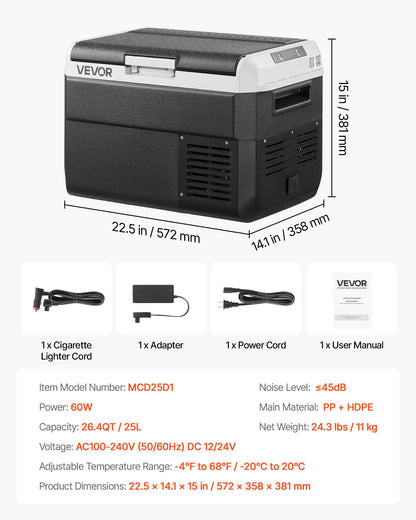12 Volt Car Refrigerator, 26.4QT/25L Car Fridge, Portable Electric Cooler with -4℉~68℉ Adjustable Temperature, 12/24V DC and 100- 240V AC Compressor Freezer for Outdoor, Camping, Travel, RV
