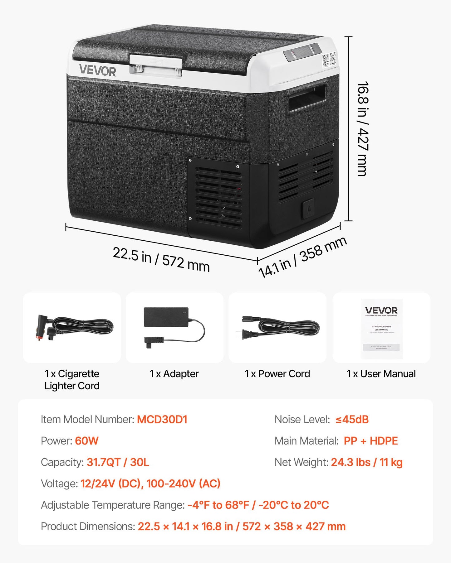 12 Volt Car Refrigerator, 31.7QT/30L Car Fridge, Portable Electric Cooler with -4℉~68℉ Adjustable Temperature, 12/24V DC and 100- 240V AC Compressor Freezer for Outdoor, Camping, Travel, RV