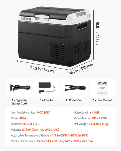 12 Volt Car Refrigerator, 31.7QT/30L Car Fridge, Portable Electric Cooler with -4℉~68℉ Adjustable Temperature, 12/24V DC and 100- 240V AC Compressor Freezer for Outdoor, Camping, Travel, RV