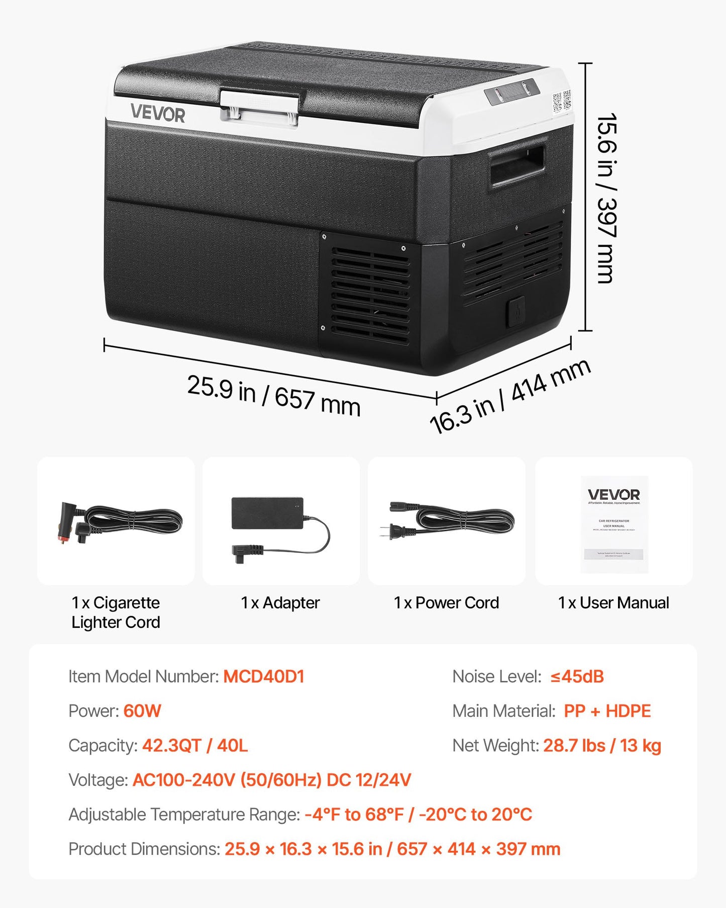 12 Volt Car Refrigerator, 42.3QT/40L Car Fridge, Portable Electric Cooler with -4℉~68℉ Adjustable Temperature, 12/24V DC and 100- 240V AC Compressor Freezer for Outdoor, Camping, Travel, RV