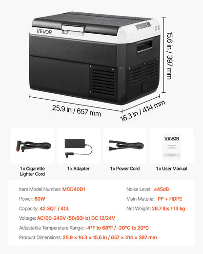 12 Volt Car Refrigerator, 42.3QT/40L Car Fridge, Portable Electric Cooler with -4℉~68℉ Adjustable Temperature, 12/24V DC and 100- 240V AC Compressor Freezer for Outdoor, Camping, Travel, RV