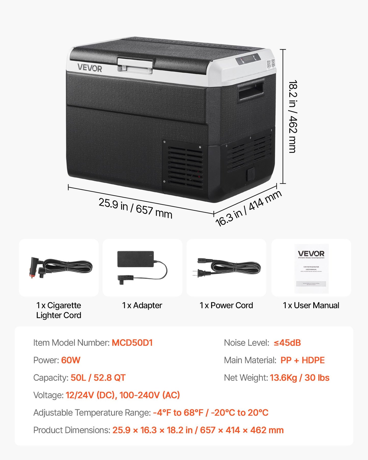 12 Volt Car Refrigerator, 52.8QT/50L Car Fridge, Portable Electric Cooler with -4℉~68℉ Adjustable Temperature, 12/24V DC and 100- 240V AC Compressor Freezer for Outdoor, Camping, Travel, RV