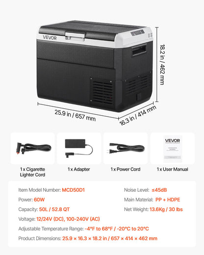 12 Volt Car Refrigerator, 52.8QT/50L Car Fridge, Portable Electric Cooler with -4℉~68℉ Adjustable Temperature, 12/24V DC and 100- 240V AC Compressor Freezer for Outdoor, Camping, Travel, RV