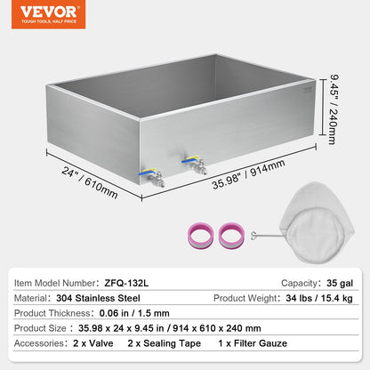 Maple Syrup Evaporator Pan, 35 Gallon, 509 Cups of 8.8oz Maple Syrup, Flat Evaporator Pan with 2 Valves and 3 Heating Methods, 304 Stainless Steel Maple Syrup Pan for Home, Outdoor