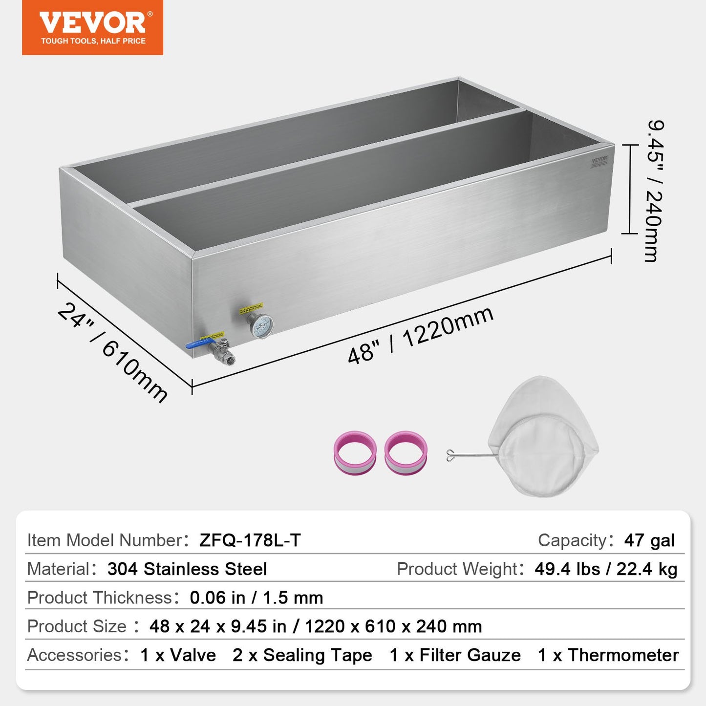 Maple Syrup Evaporator Pan, 47 Gallon, 683 Cups of 8.8oz Maple Syrup, Flat Evaporator Pan with Thermometer, 1 Valve and 3 Heating Methods, 304 Stainless Steel Maple Syrup Pan for Home, Outdoor
